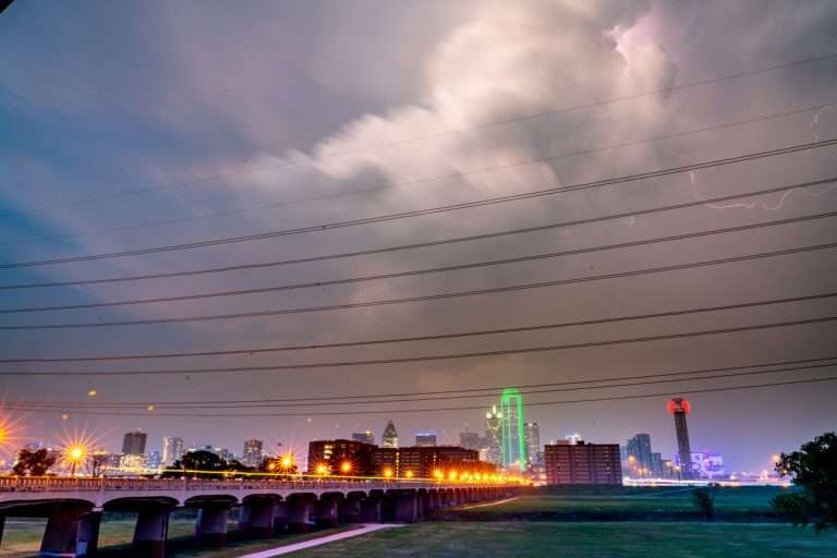 Dallas city view with power lines