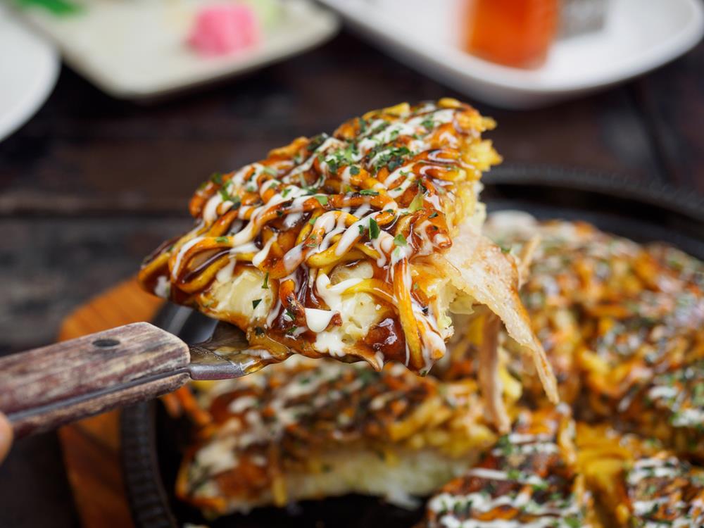 Okonomiyaki on a Japanese hot plate